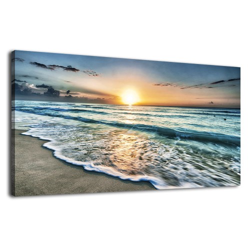 Canvas Art Wall Decor Sunset Beach Blue Waves Ocean Art Large Modern Artwork Canvas Prints